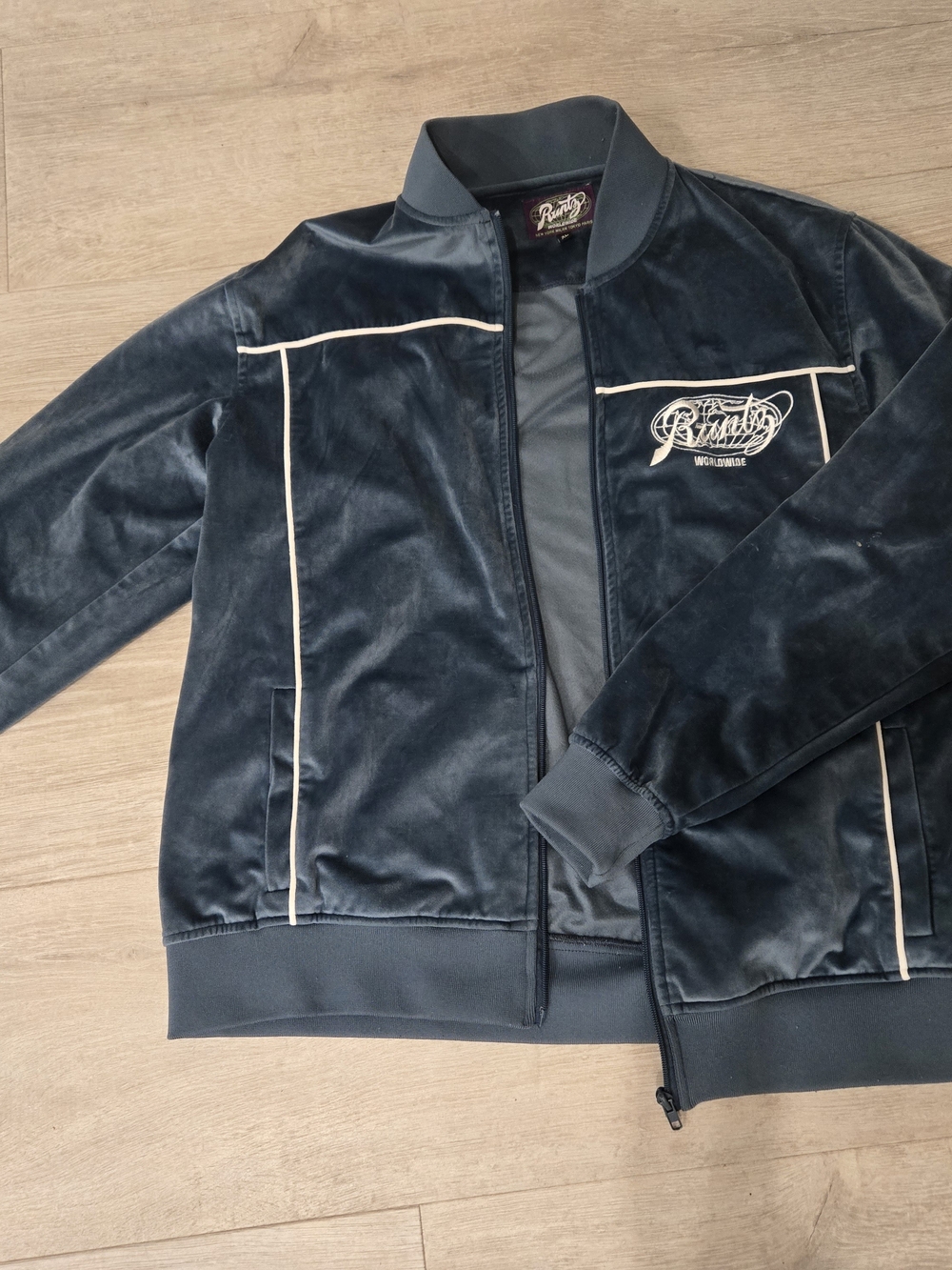 Retro-Inspired Navy Velour Bomber Jacket with White Piping
